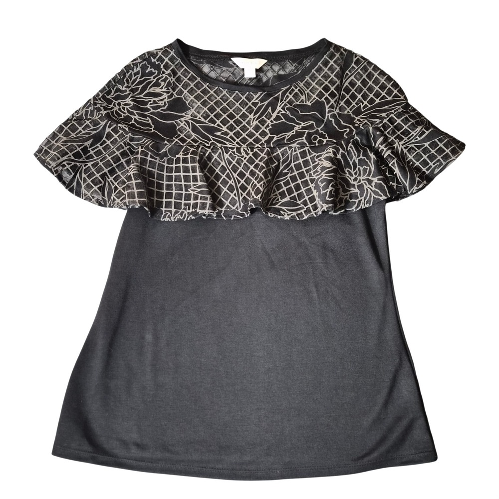 Belle Sky Black Mesh Ruffle Floral Grid Top Short Sleeve XS RN93677 75590-0